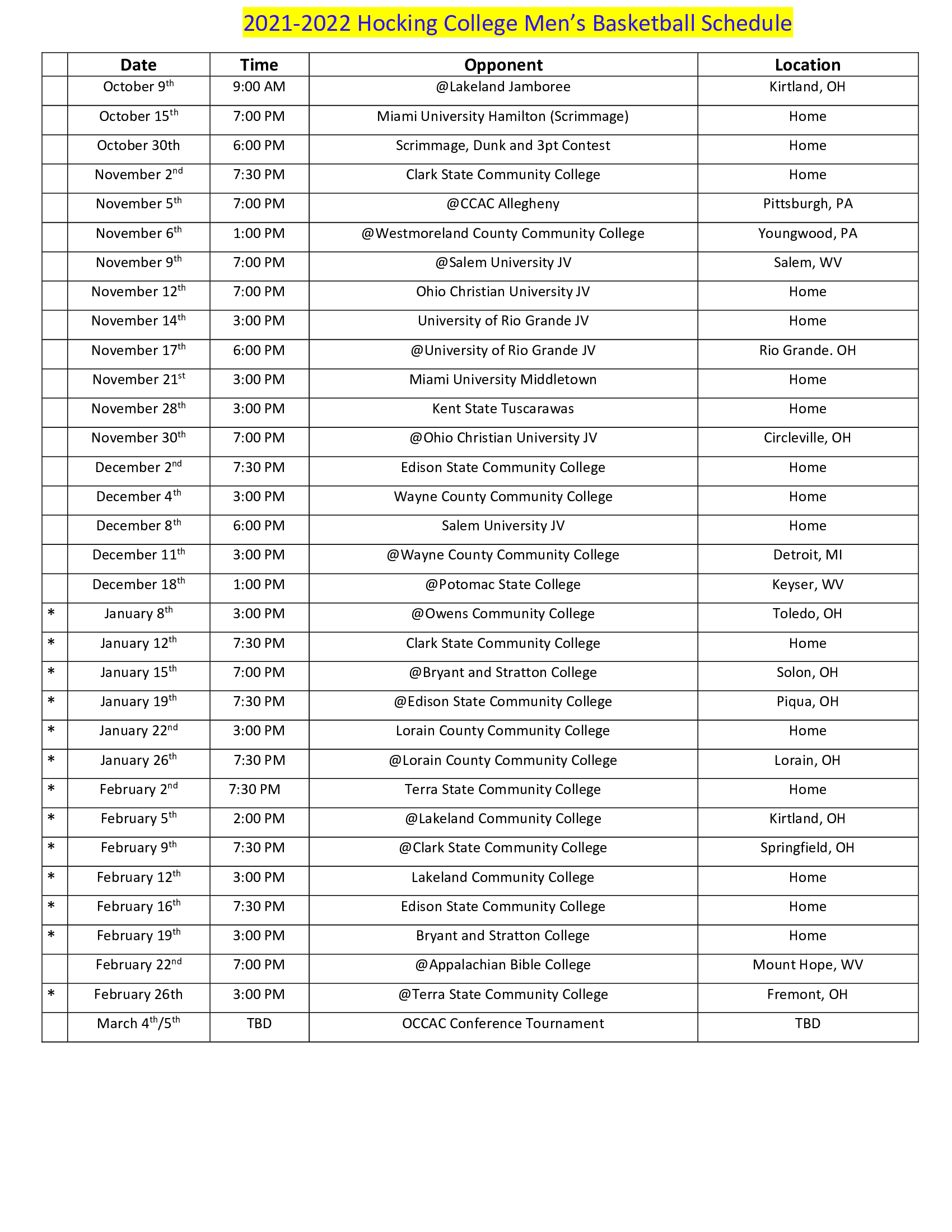 Men's Basketball Schedule